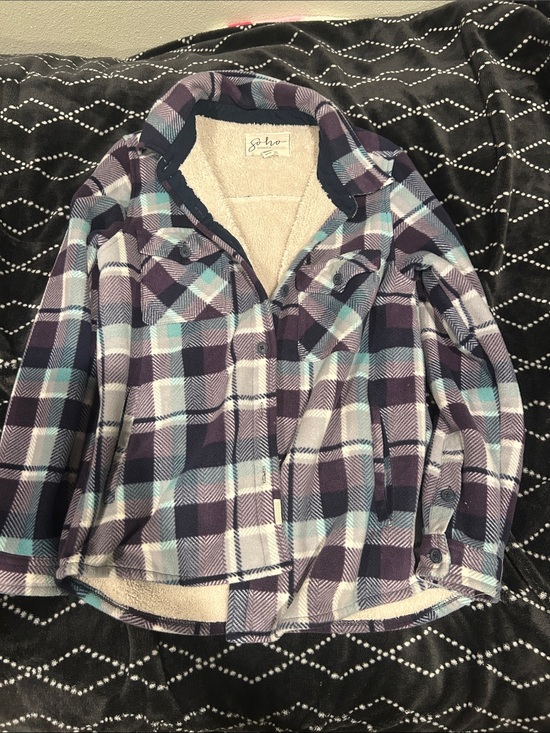 Soho Tops - Soho Purple Plaid Sherpa-Lined Button-Up Shirt Jacket